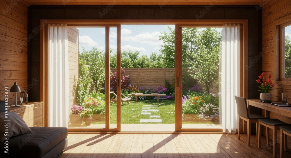Obraz premium Cozy wooden cabin interior with view of a vibrant garden