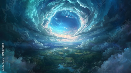 Majestic fantasy landscape with glowing cosmic portal opening in the sky above rivers and fields, surreal atmospheric scene symbolizing wonder, imagination, and otherworldly dreamlike vision