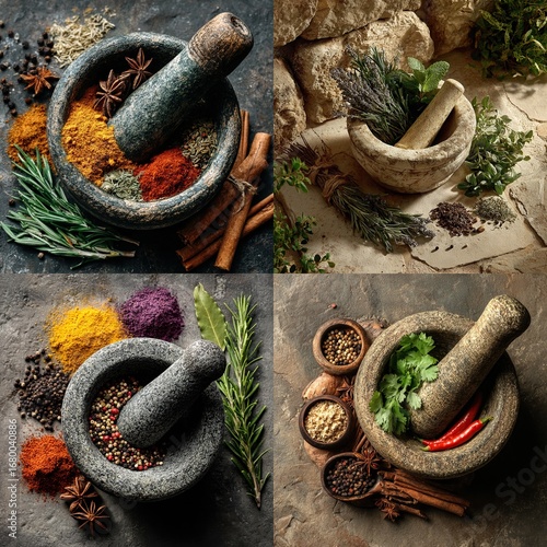 Four square image collage of aged stone spice grinders filled with various colorful spices and herbs