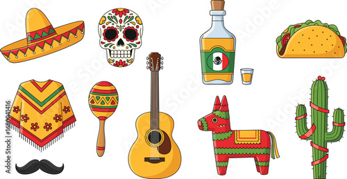 Mexican culture, traditional symbols, fiesta elements, colorful illustration, sombrero, taco, tequila, sugar skull, piñata, maraca, poncho, cactus, guitar, celebration 