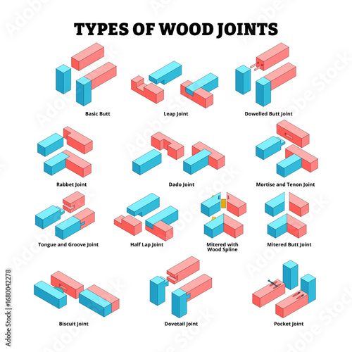 Different types of wood joint construction types technical poster. Carpentry assemble woodwork material. Labeled basic, leap, doweled butt, rabbet, dado, mortise, tenon, tongue,biscuit,half lap,pocket