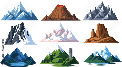 Mountain, landscape, illustration, nature, terrain, peak, snow, volcano, mesa, lake, artistic, stylized, geology, scenic, travel, adventure, wilderness, elevation, environment, exploration
