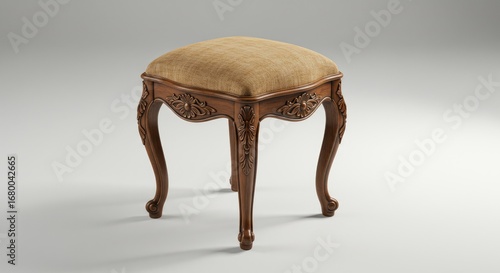 Elegant Carved Wood Stool with Textured Seat