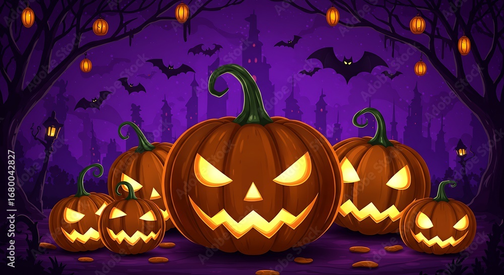 Fototapeta premium Cartoon Halloween Pumpkins Illustration