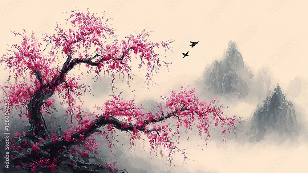 Fototapeta premium Traditional Chinese painting style artwork featuring delicate cherry blossoms, elegant plum blossoms,graceful willow tree branches, expressing harmony nature, spring beauty,timeless oriental culture