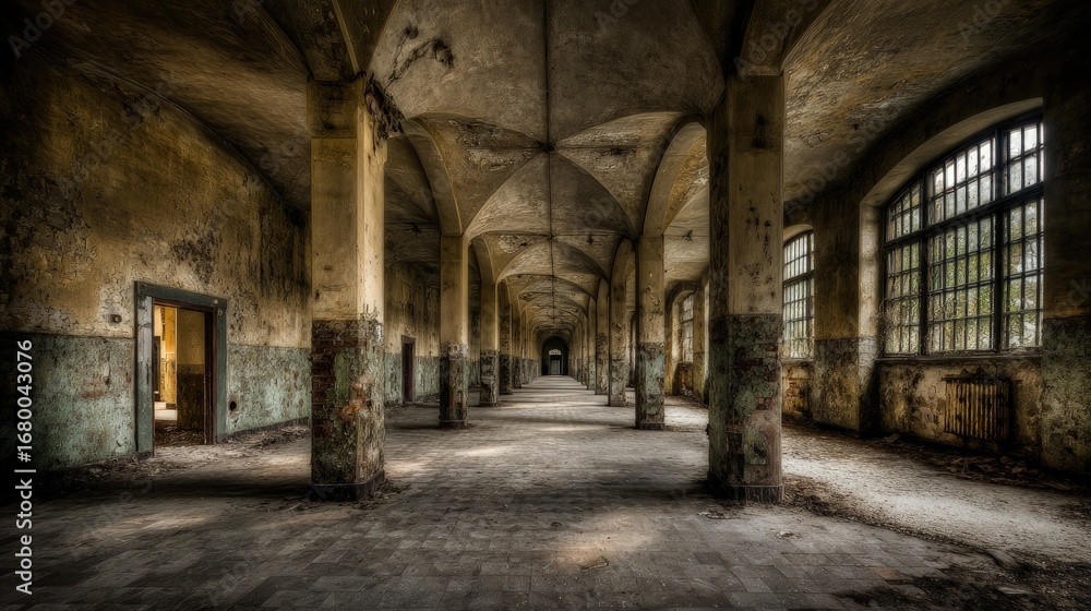 Fototapeta premium Abandoned Hospital Corridor With Light And Shadow