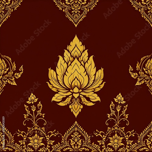 Ornate gold floral pattern on maroon