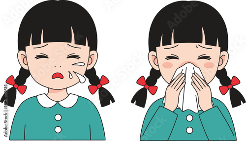 Sad girl illustration, emotional child portrait, crying cartoon character, tearful expression, tissue wipe, flushed cheeks, kids emotions, vector art