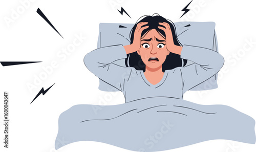 Anxious woman suffering from insomnia and stress in bed.