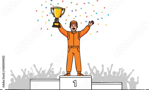 Champion Celebrates Victory with Trophy.