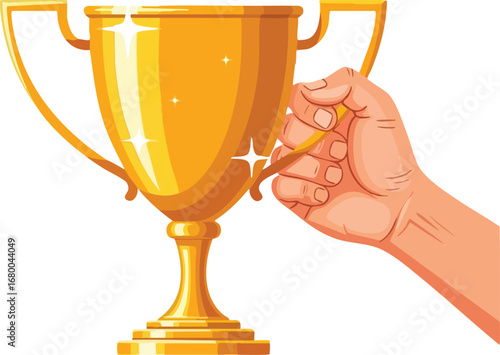 Champion holding a shiny golden trophy cup.