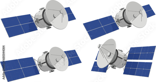 Satellite communication technology, orbiting space equipment, solar-powered satellite system, digital space network, aerospace engineering, global signal transmission, futuristic satellite design