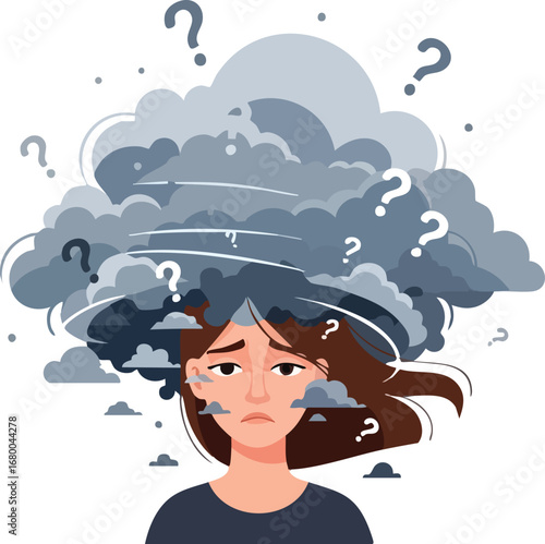 Confused woman with a storm cloud of thoughts above her head.