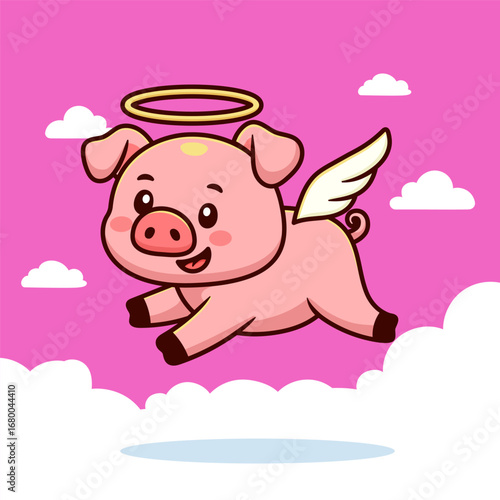 cartoon angel pig with wings flying above the clouds flat design, illustration design animal pig