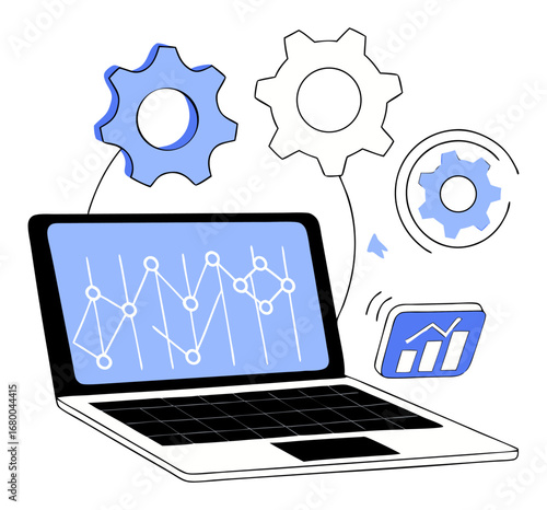 An illustration of a laptop showing data charts, surrounded by gears. It represents data analysis, business intelligence, and technological processes, symbolizing automated insights and systematic ope