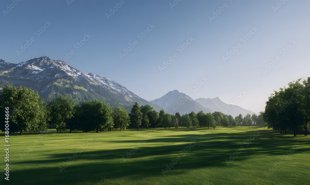 Fototapeta premium clean golf course in the alps with mountains in the background, a clear blue sky, trees, and lush green grass