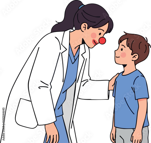 Female pediatrician wearing a clown nose to cheer up a young boy patient.