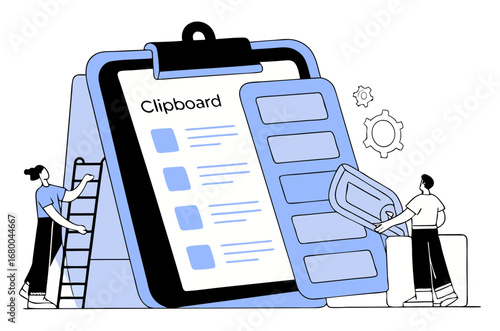 An illustration of two people managing a large clipboard with a checklist. It symbolizes task management, project planning, and efficient workflow in a business setting.