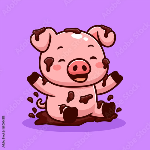 cute cartoon pig taking a mud bath, adorable pig