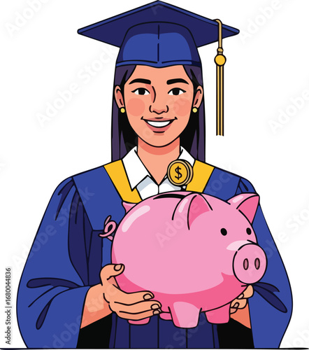 Graduate holding piggy bank with dollar coin.