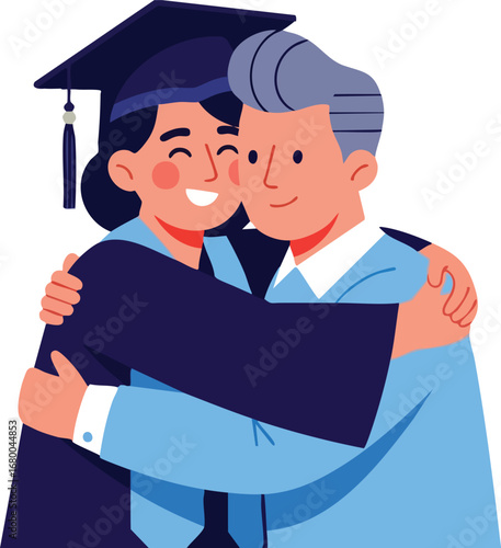 Graduate hugs proud family member celebrating success.
