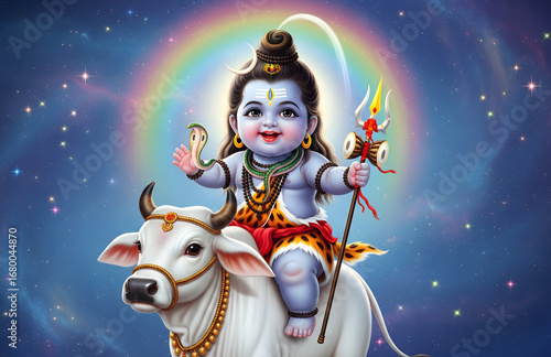 Baby Lord Shiva Riding Nandi with Rainbow Halo – Hindu Devotional Art