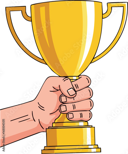 Hand Holding a Golden Trophy Cup Award.