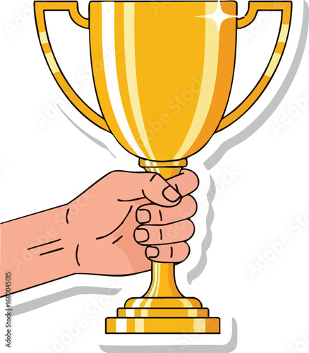 Hand holding a golden trophy cup illustration.