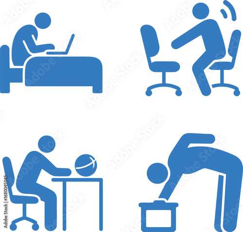 Illustrative blue icons representing various work-from-home activities.