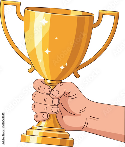 Hand Holding a Golden Trophy Cup of Victory 1.