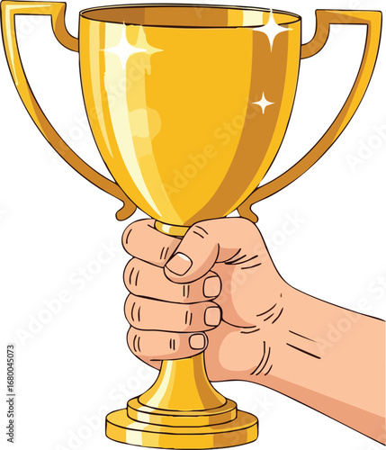 Hand holding a golden trophy.