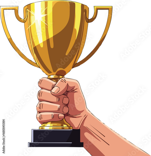 Hand Holding a Golden Trophy Cup Winning Award.