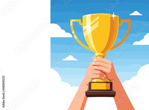 Hand Holding Golden Trophy Against Blue Sky.
