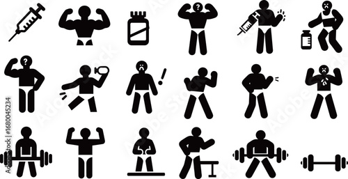 A diverse set of fitness icons representing strength training and health.