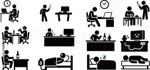 Illustration of daily life activities: work, rest, and meals in simple icons.