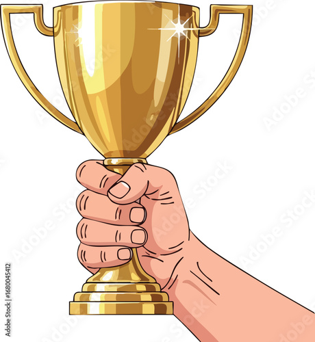 Hand Holding Golden Trophy Cup Winning Award.