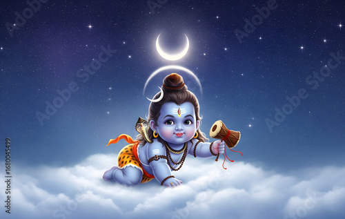 Baby Lord Shiva Sitting on Clouds with Divine Glow – Celestial Devotional Artwork