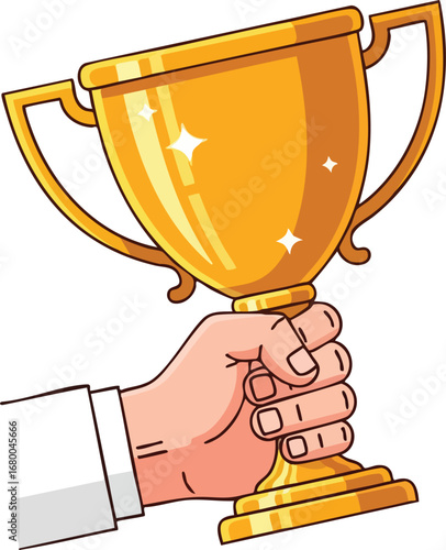 Hand Holding Shiny Golden Trophy of Victory.
