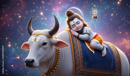 Baby Lord Shiva Sleeping Peacefully on Nandi – Devotional Hindu Art