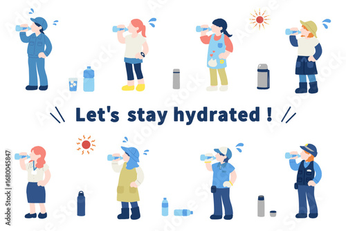 水分補給をする働く人々[女性]と飲み物のフラットなイラスト(セット)
