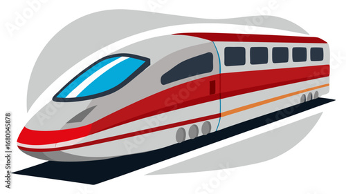 A sleek, modern bullet train with red and white stripes, speeding forward in a dynamic, illustrative style.