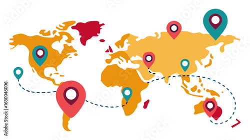 A stylized world map in warm tones shows various locations marked with colorful pin icons. Dashed lines connect some pins, representing global travel, logistics, business connections, or a communicati