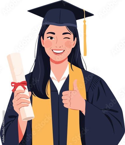 Happy Graduate Holding Diploma and Giving Thumbs Up.