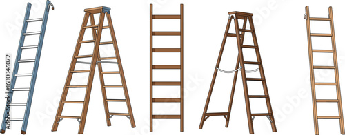 Various ladder types, straight ladder, step ladder, construction tools, safety equipment, industrial gear, elevation access, home improvement, hardware, vertical climb
