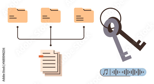 Document folders linked by lines, two keys for security, stacked papers, and an audio bar highlight data management and access. Ideal for cybersecurity, organization, encryption, technology