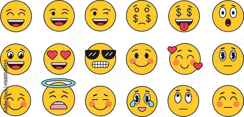 Express yourself with fun emojis showing love, happiness, sadness, and surprise for social media content