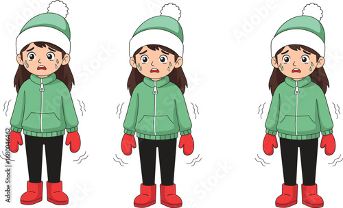 Winter, cold, shivering, cartoon, character, freezing, snow, chill, discomfort, seasonal, clothing, beanie, boots, gloves, jacket, illustration, temperature, weather, expression, outdoor