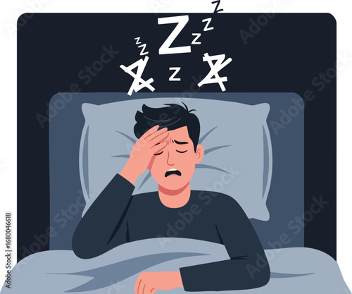 Man suffering from insomnia unable to sleep.