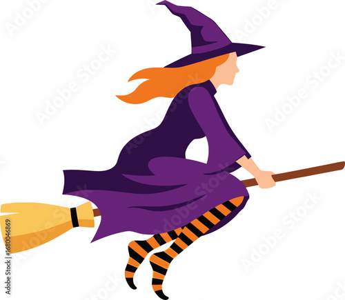 Cartoon Witch Flying on Broomstick with Striped Stockings