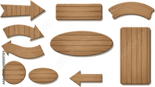 Woodgrain textured arrows, rustic UI elements, blue brown shapes, organic design icons, natural interface graphics, signage symbols, vector components